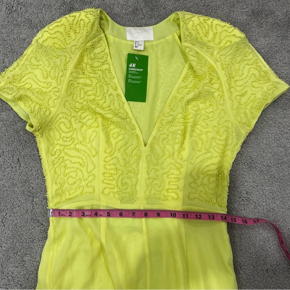 H&M Conscious Collection Beaded Yellow-Green Chiffon Maxi Dress Women’s Sz 8 NWT - Picture 8 of 13